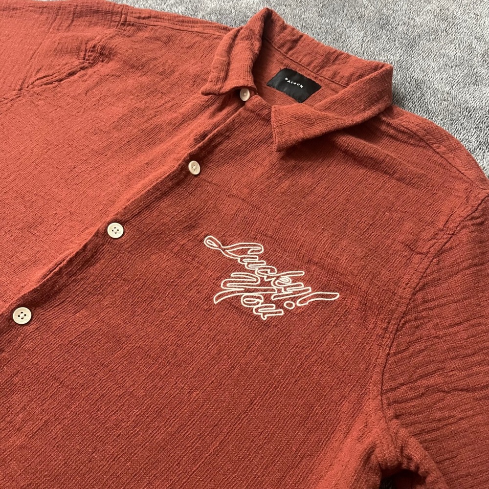 PacSun Mens Lucky You Embroidered Crinkle Gauze Shirt Rust Orange Hipster Large